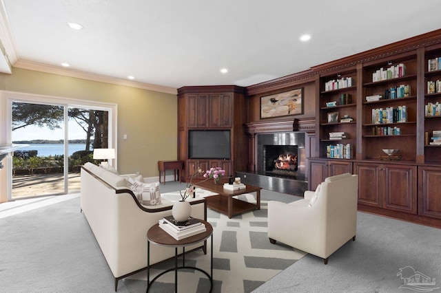 721 W Miracle Strip Pkwy, Mary Esther, FL 32569 - living area featuring recessed lighting, light colored carpet, a fireplace, and ornamental molding