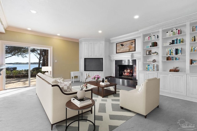 721 W Miracle Strip Pkwy, Mary Esther, FL 32569 - living area featuring light carpet, recessed lighting, a fireplace, and crown molding