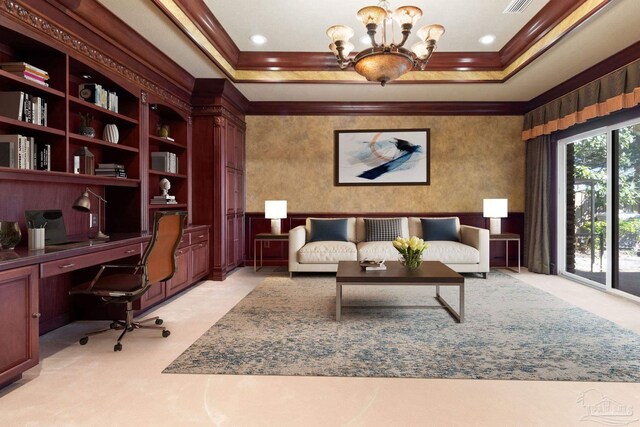 721 W Miracle Strip Pkwy, Mary Esther, FL 32569 - office space with crown molding, a notable chandelier, built in desk, and a raised ceiling