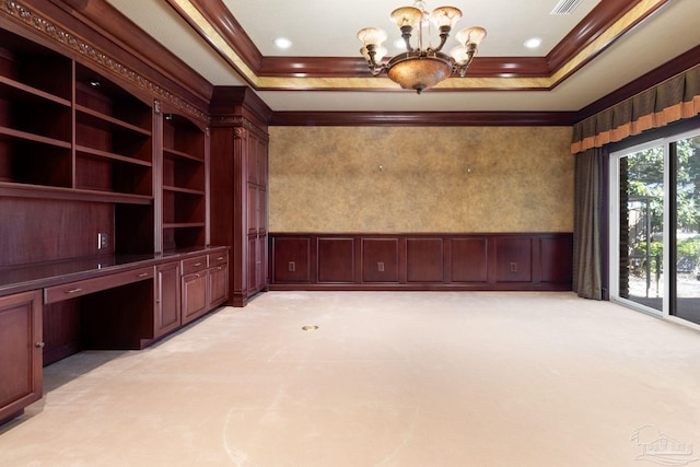 721 W Miracle Strip Pkwy, Mary Esther, FL 32569 - interior space with a chandelier, light colored carpet, a tray ceiling, and ornamental molding