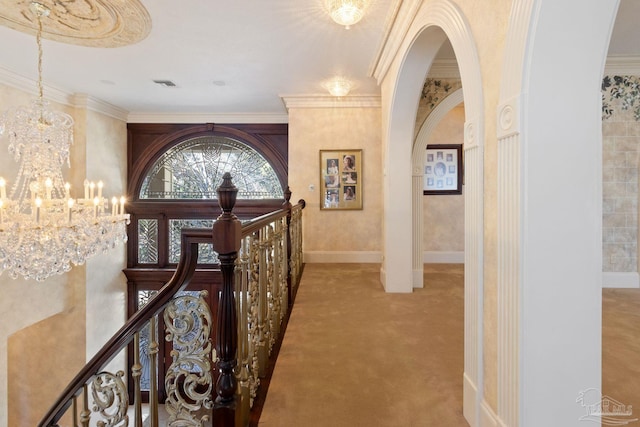721 W Miracle Strip Pkwy, Mary Esther, FL 32569 - hallway featuring visible vents, a notable chandelier, arched walkways, carpet, and baseboards