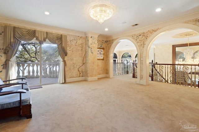 721 W Miracle Strip Pkwy, Mary Esther, FL 32569 - interior space with visible vents, ornamental molding, carpet floors, an inviting chandelier, and arched walkways