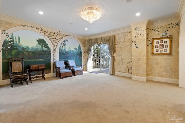 721 W Miracle Strip Pkwy, Mary Esther, FL 32569 - living area featuring baseboards, carpet floors, recessed lighting, ornamental molding, and a notable chandelier