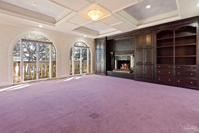 721 W Miracle Strip Pkwy, Mary Esther, FL 32569 - unfurnished living room featuring ornamental molding, coffered ceiling, recessed lighting, carpet, and a fireplace