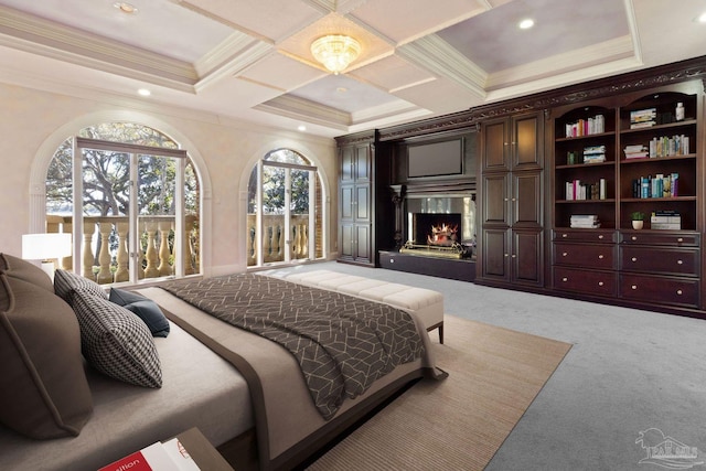 721 W Miracle Strip Pkwy, Mary Esther, FL 32569 - bedroom featuring beamed ceiling, coffered ceiling, a high end fireplace, crown molding, and light colored carpet
