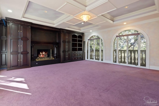 721 W Miracle Strip Pkwy, Mary Esther, FL 32569 - unfurnished living room featuring a large fireplace, crown molding, carpet flooring, recessed lighting, and coffered ceiling