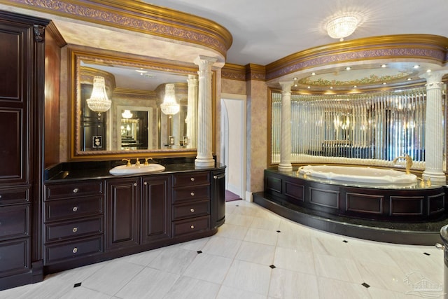721 W Miracle Strip Pkwy, Mary Esther, FL 32569 - full bath featuring crown molding, a garden tub, tile patterned floors, vanity, and ornate columns