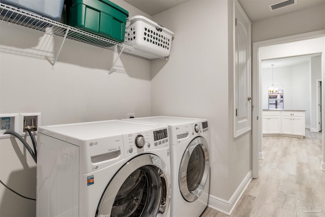 clothes washing area with baseboards, visible vents, light wood finished floors, laundry area, and washer and clothes dryer