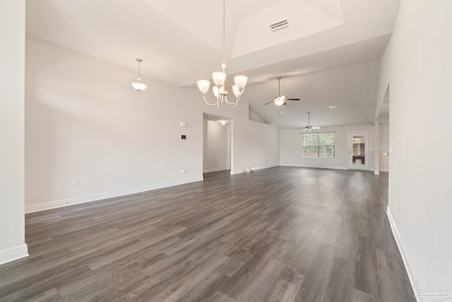 5619 Burr St, Milton, FL 32570 - unfurnished living room with dark wood-style flooring, baseboards, visible vents, and ceiling fan with notable chandelier