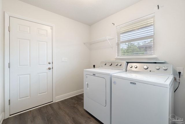 5619 Burr St, Milton, FL 32570 - laundry area with baseboards, dark wood-style flooring, laundry area, and washer and clothes dryer