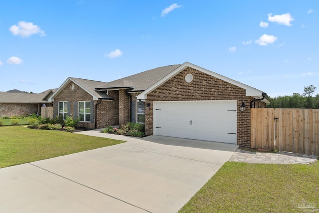 5619 Burr St, Milton, FL 32570 - view of front facade featuring fence, brick siding, a garage, a front yard, and concrete driveway