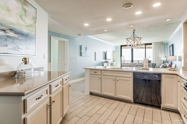 kitchen featuring dishwasher, ornamental molding, a notable chandelier, and sink