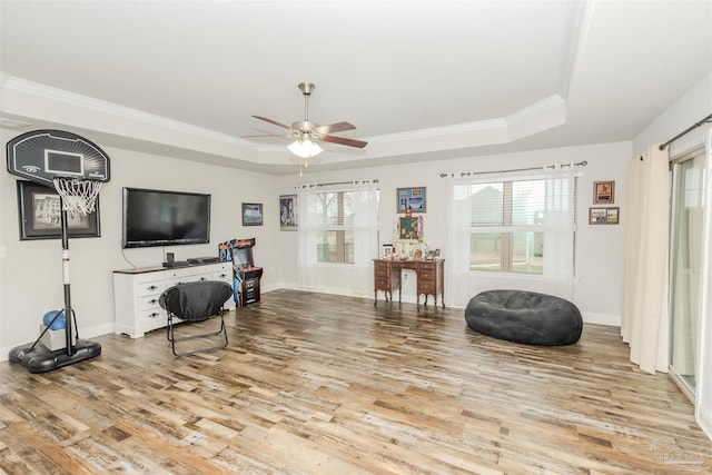 interior space with a wealth of natural light, a raised ceiling, and wood finished floors