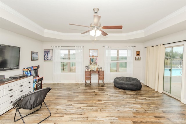 sitting room featuring a healthy amount of sunlight, light wood finished floors, and a tray ceiling