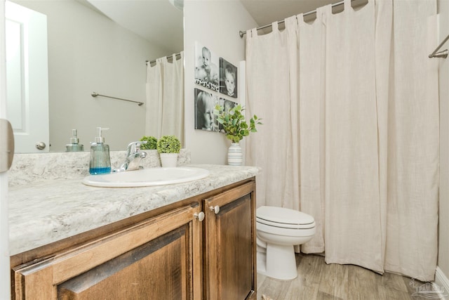 bathroom featuring wood finished floors, vanity, and toilet