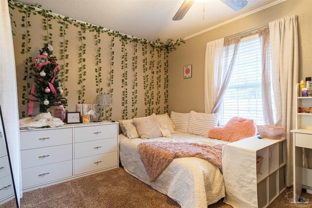 carpeted bedroom featuring multiple windows, ceiling fan, ornamental molding, and a textured ceiling