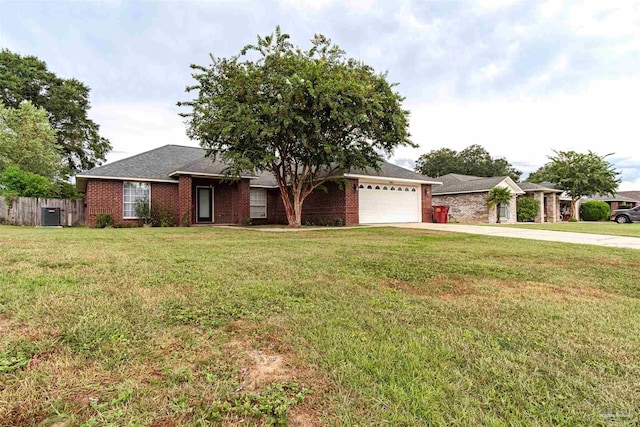 ranch-style home with driveway, an attached garage, fence, a front lawn, and brick siding