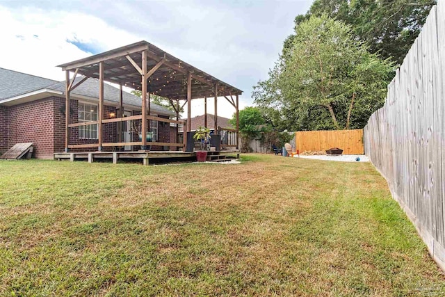 view of yard with a fenced backyard and a deck