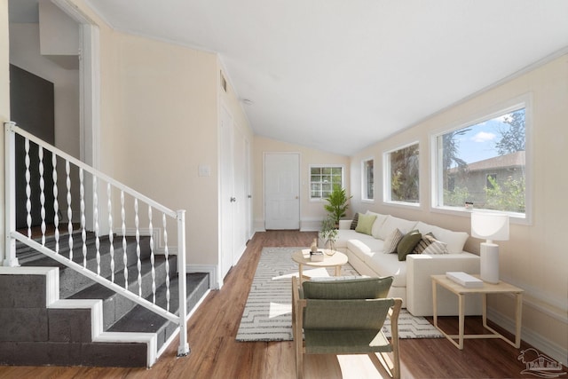 living room with hardwood / wood-style flooring, lofted ceiling, and a wealth of natural light