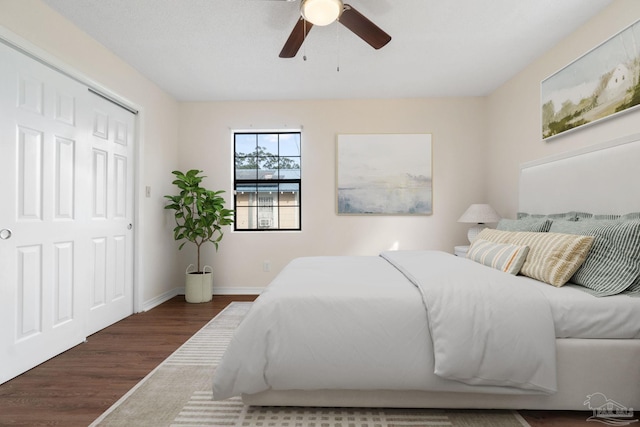 bedroom featuring dark hardwood / wood-style flooring and ceiling fan