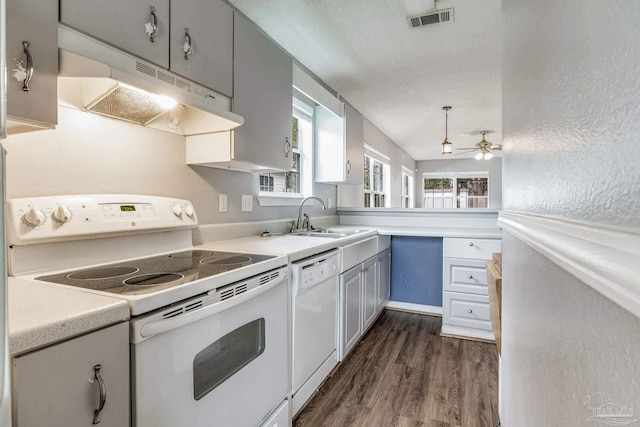 kitchen with white appliances, ceiling fan, dark wood-type flooring, sink, and decorative light fixtures