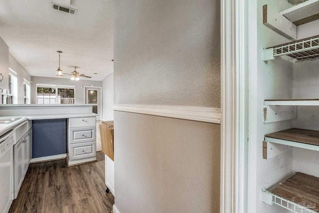 kitchen featuring white dishwasher, white cabinetry, ceiling fan, and dark wood-type flooring