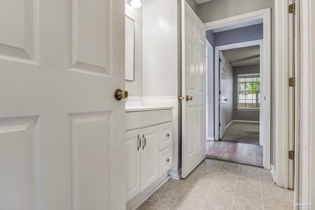 bathroom with wood-type flooring and vanity