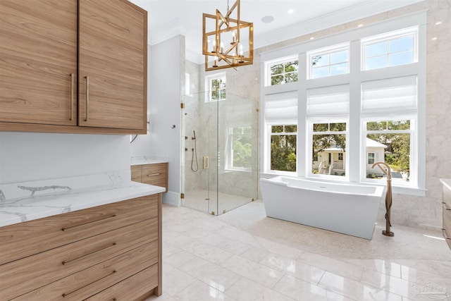 full bath featuring a stall shower, a wealth of natural light, a soaking tub, and vanity