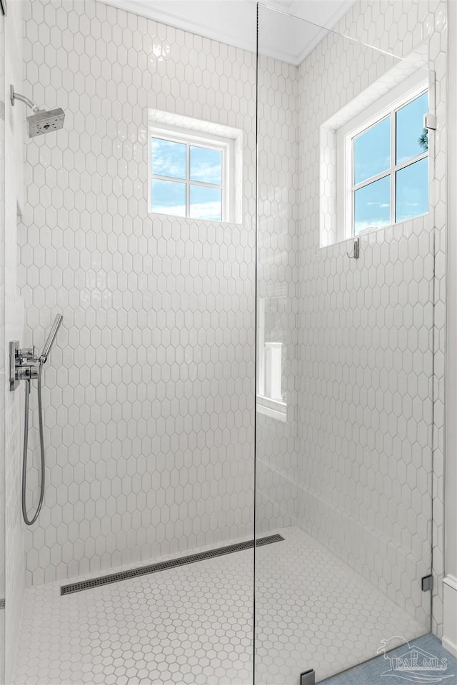 bathroom featuring a tile shower and plenty of natural light