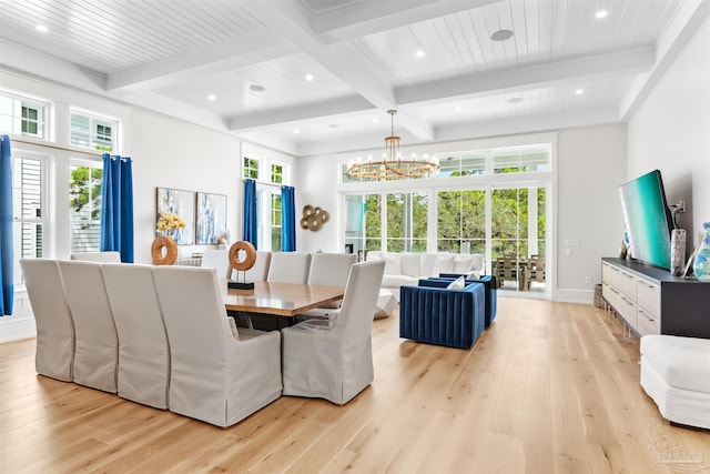 dining room featuring recessed lighting, baseboards, light wood-style floors, beamed ceiling, and an inviting chandelier