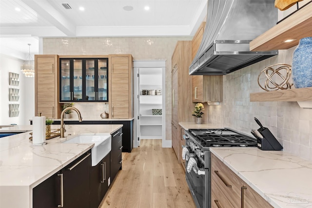 kitchen with light stone countertops, gas range, range hood, and sink