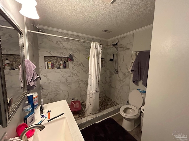 bathroom with walk in shower, ornamental molding, a textured ceiling, and toilet