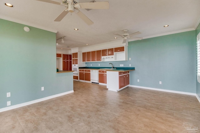 kitchen featuring ceiling fan, crown molding, a sink, recessed lighting, and white appliances