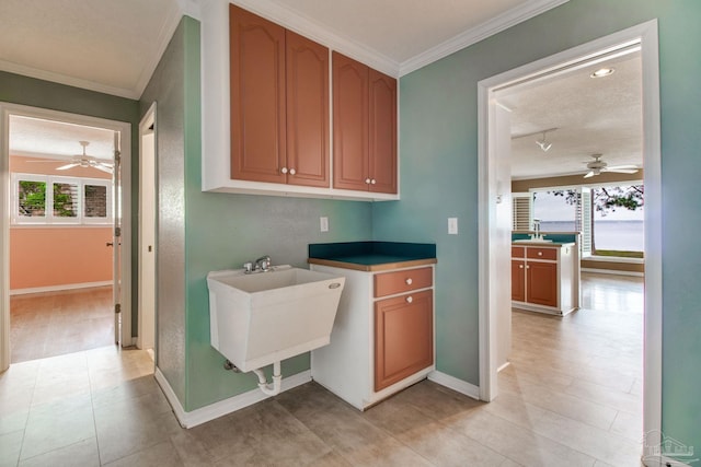 laundry area featuring a ceiling fan, ornamental molding, and a wealth of natural light