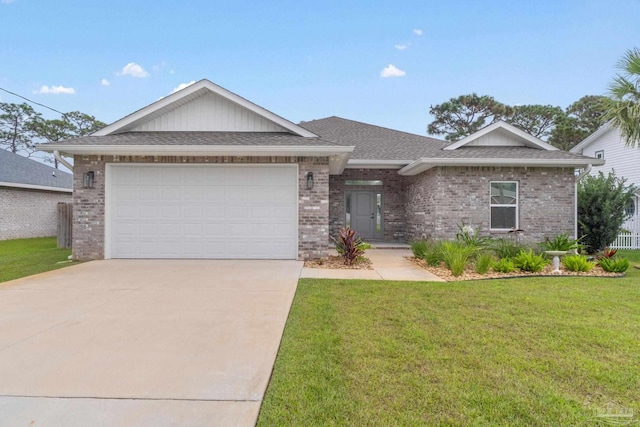 ranch-style home featuring a front yard and a garage