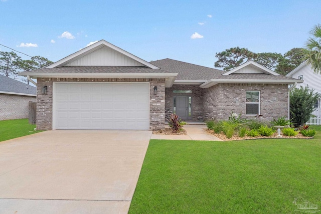 ranch-style house with a front yard and a garage