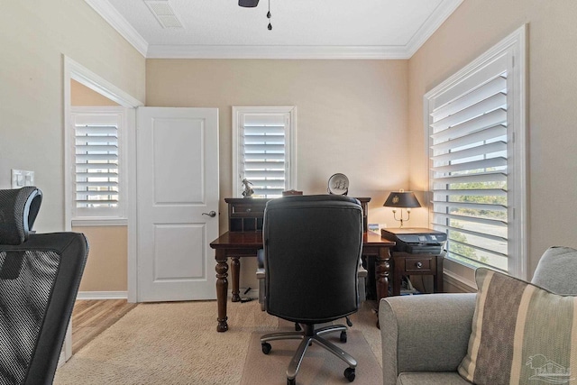 home office with ceiling fan, light hardwood / wood-style flooring, and ornamental molding