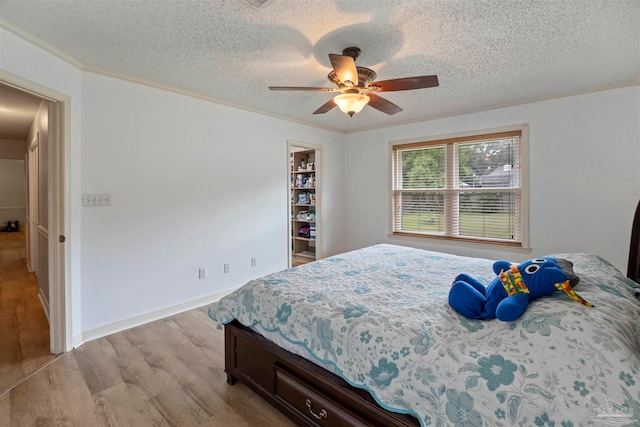 bedroom featuring crown molding, light hardwood / wood-style floors, a spacious closet, ceiling fan, and a textured ceiling