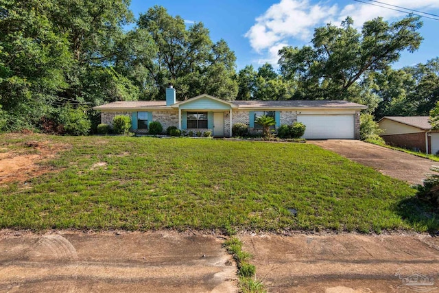 single story home with a garage and a front lawn