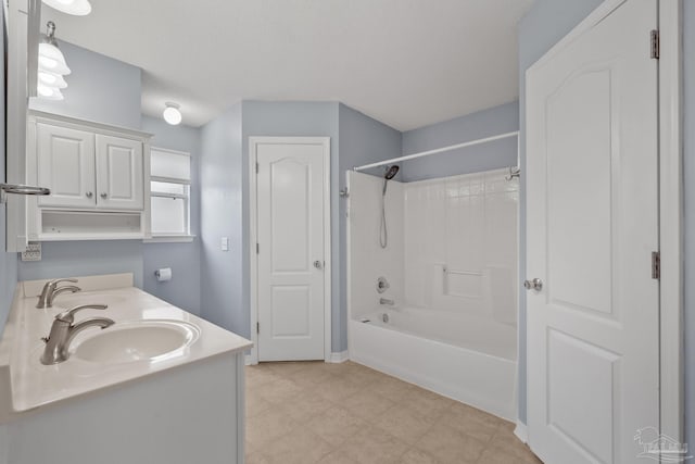 bathroom featuring tile patterned flooring, shower / bathing tub combination, and dual bowl vanity