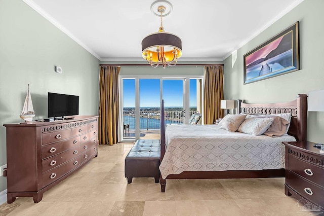 13928 River Rd Unit 904, Pensacola, FL 32507 - bedroom with a chandelier, ornamental molding, and access to outside