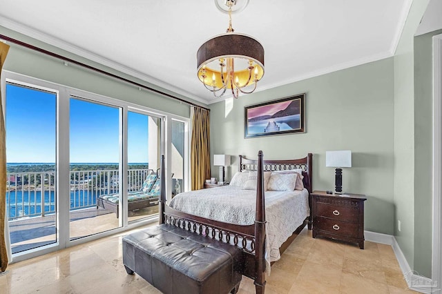 13928 River Rd Unit 904, Pensacola, FL 32507 - bedroom featuring baseboards, an inviting chandelier, ornamental molding, and access to outside