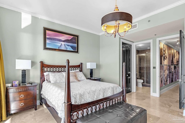 13928 River Rd Unit 904, Pensacola, FL 32507 - bedroom with baseboards, visible vents, ornamental molding, a notable chandelier, and connected bathroom