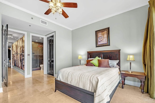 13928 River Rd Unit 904, Pensacola, FL 32507 - bedroom with visible vents, a ceiling fan, ensuite bathroom, crown molding, and baseboards