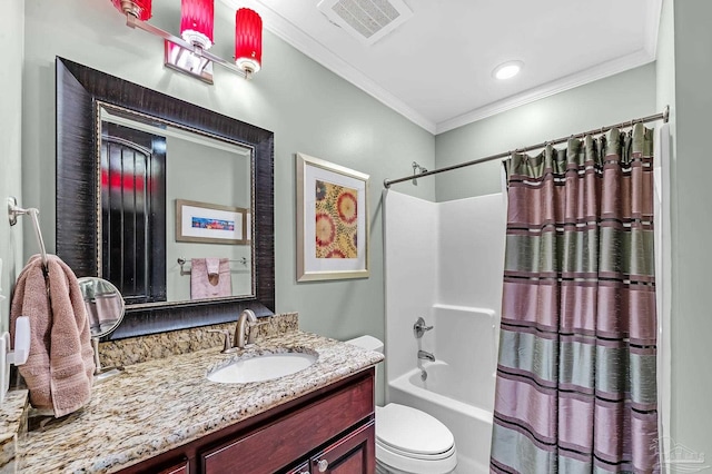 13928 River Rd Unit 904, Pensacola, FL 32507 - bathroom featuring visible vents, toilet, shower / bath combo, crown molding, and vanity