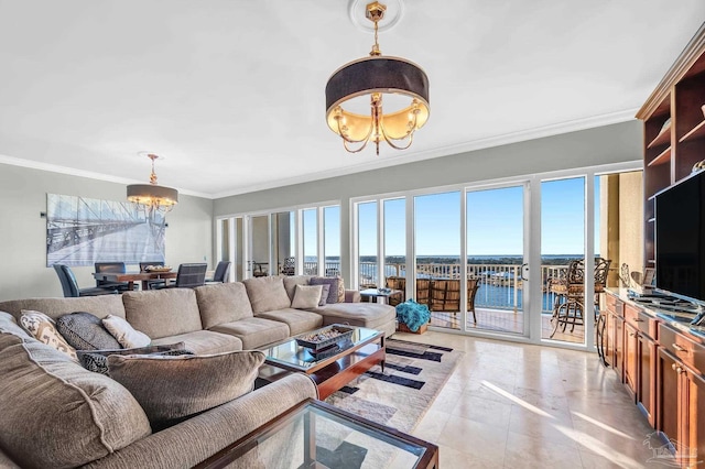 13928 River Rd Unit 904, Pensacola, FL 32507 - living area featuring crown molding, a notable chandelier, and light tile patterned flooring