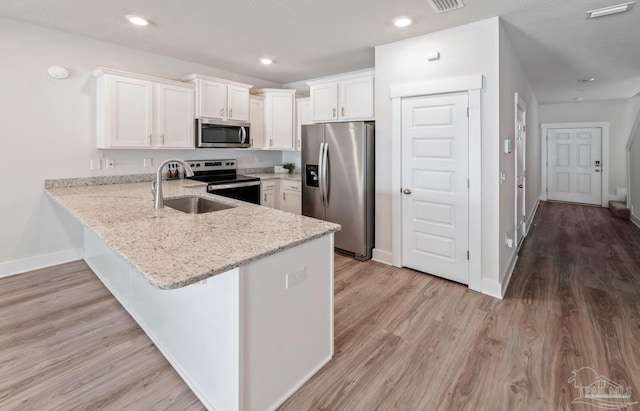 kitchen featuring white cabinets, light wood-style flooring, appliances with stainless steel finishes, a peninsula, and a sink