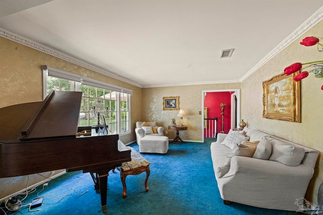 living room with crown molding and carpet flooring