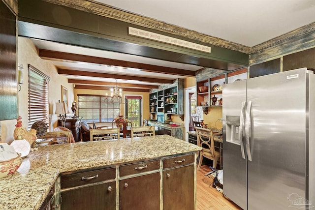 kitchen featuring a chandelier, light hardwood / wood-style floors, beamed ceiling, stainless steel refrigerator with ice dispenser, and dark brown cabinetry