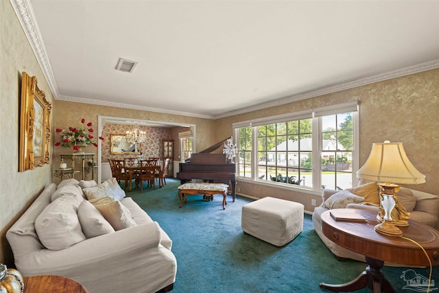 carpeted living room with an inviting chandelier and ornamental molding